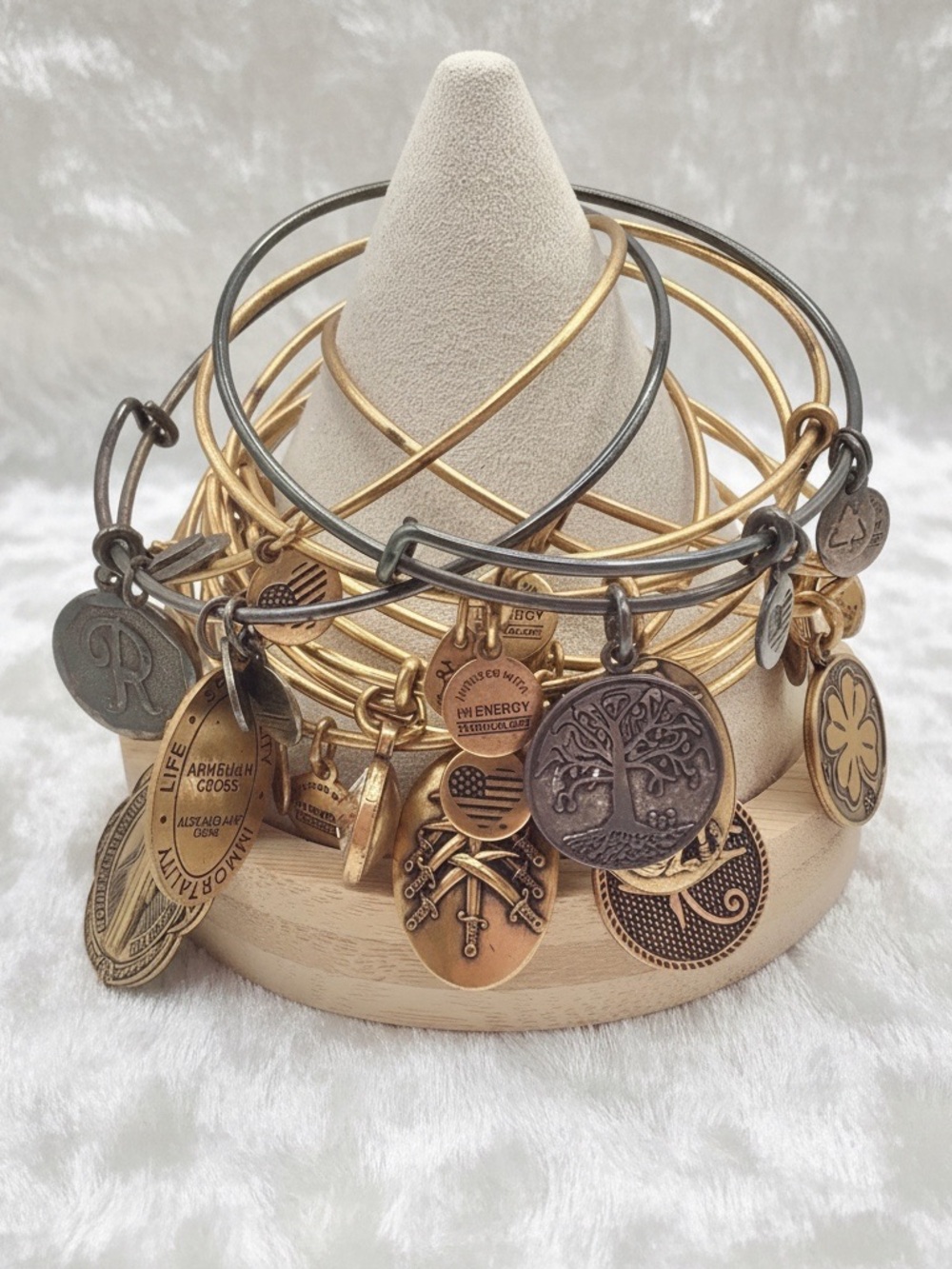 Lot of 9 Alex and Ani Dark Bronze Silver Charm Bangle Bracelet Set, Pre-owned